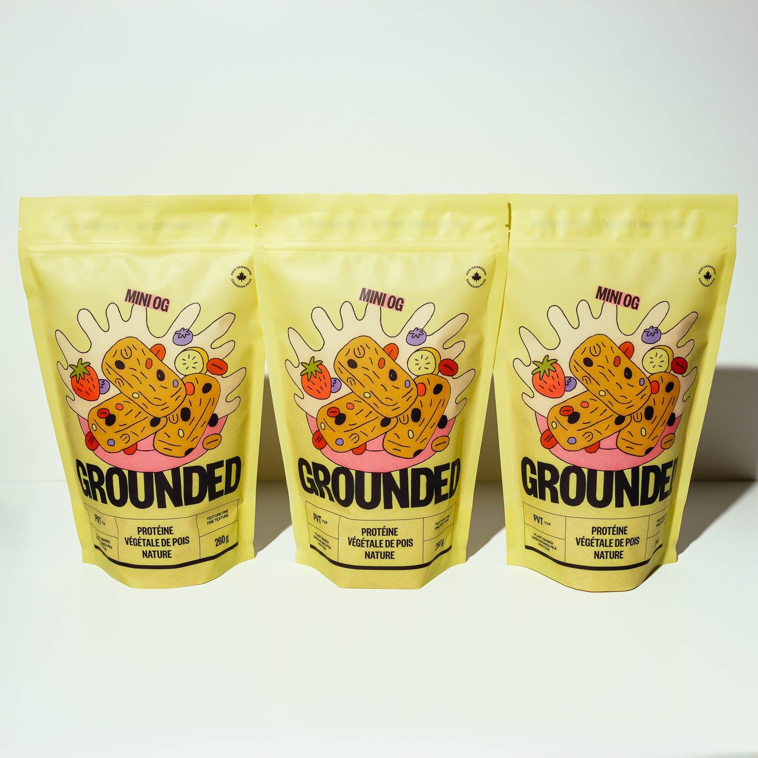 Trio de mini PVT Grounded – protéine végétale de pois à texture fine, idéale pour recettes sans viande, collations et recettes de desserts.