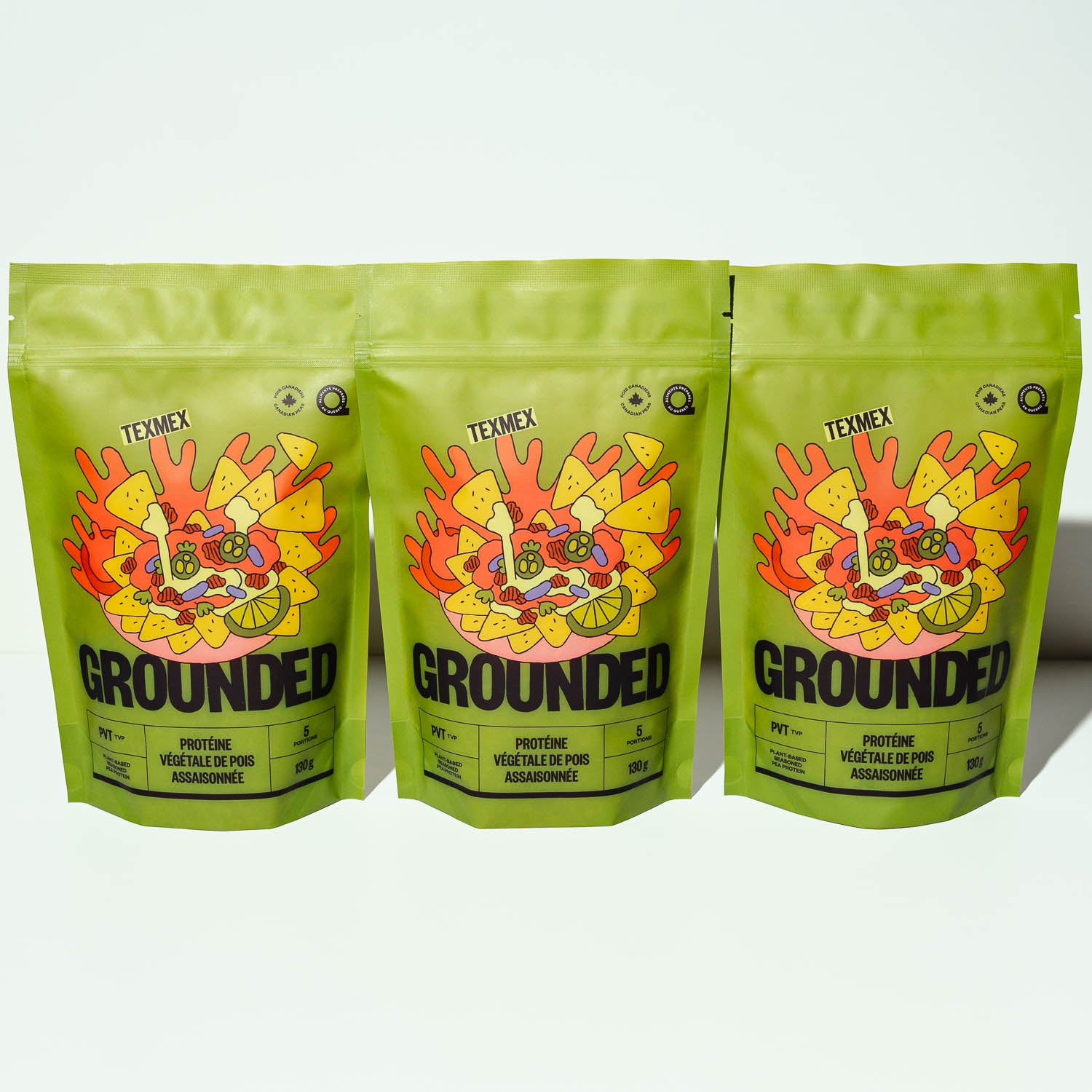 Ensemble de 3 sacs PVT Grounded assaisonnées, protéines végétales Tex-Mex imitant la viande hachée pour chili, nachos ou tacos.