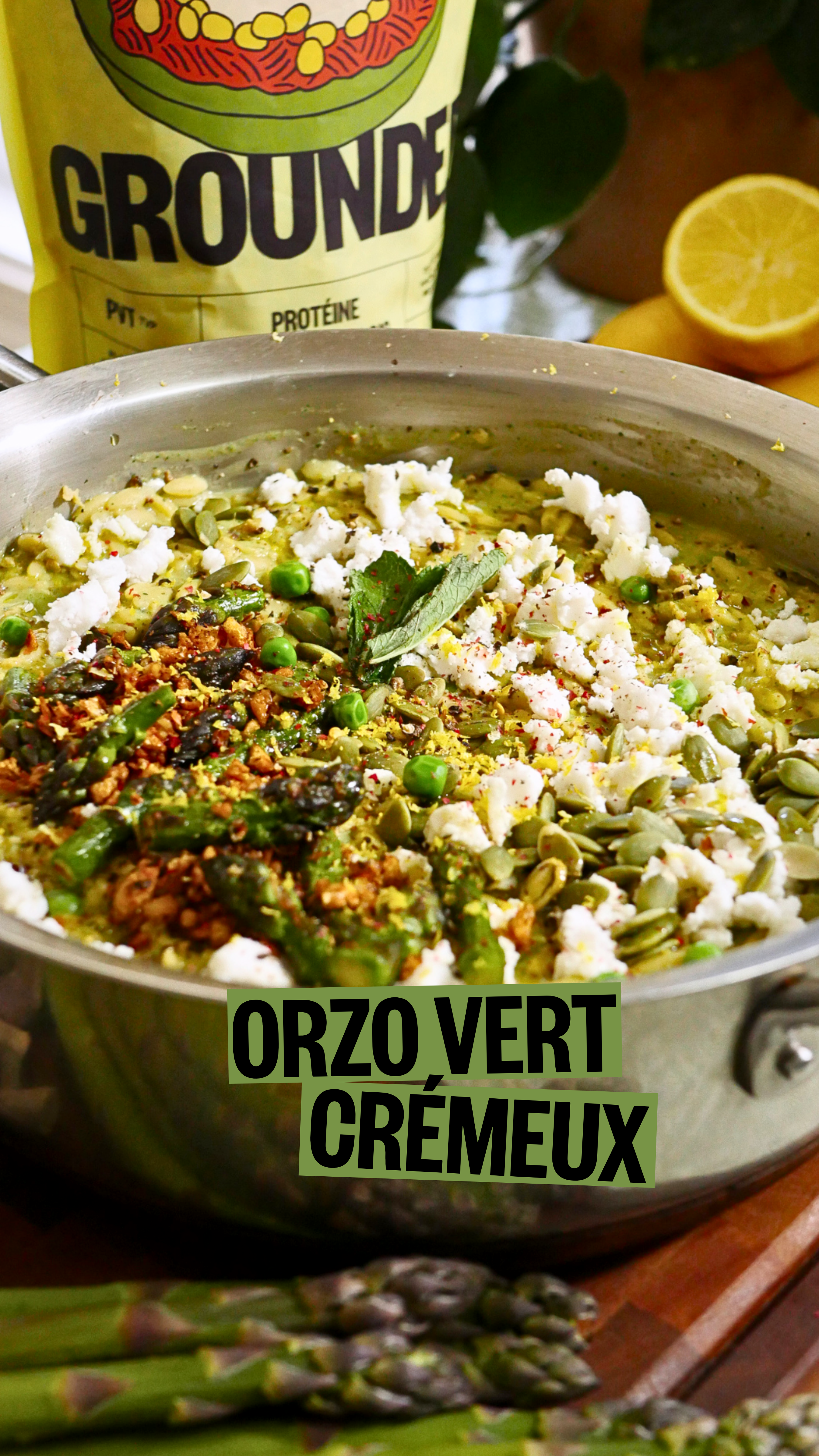 ORZO VERT CRÉMEUX AUX ASPERGES, PETITS POIS ET PVT