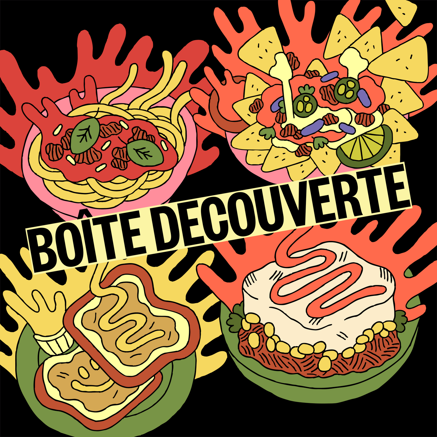 Illustration colorée représentant la boîte découverte de Grounded avec les quatre produits emblématiques. On y voit des spaghettis à la sauce végétale Texmex sur nachos cretons tartinés et protéine nature OG dans un bol complet.