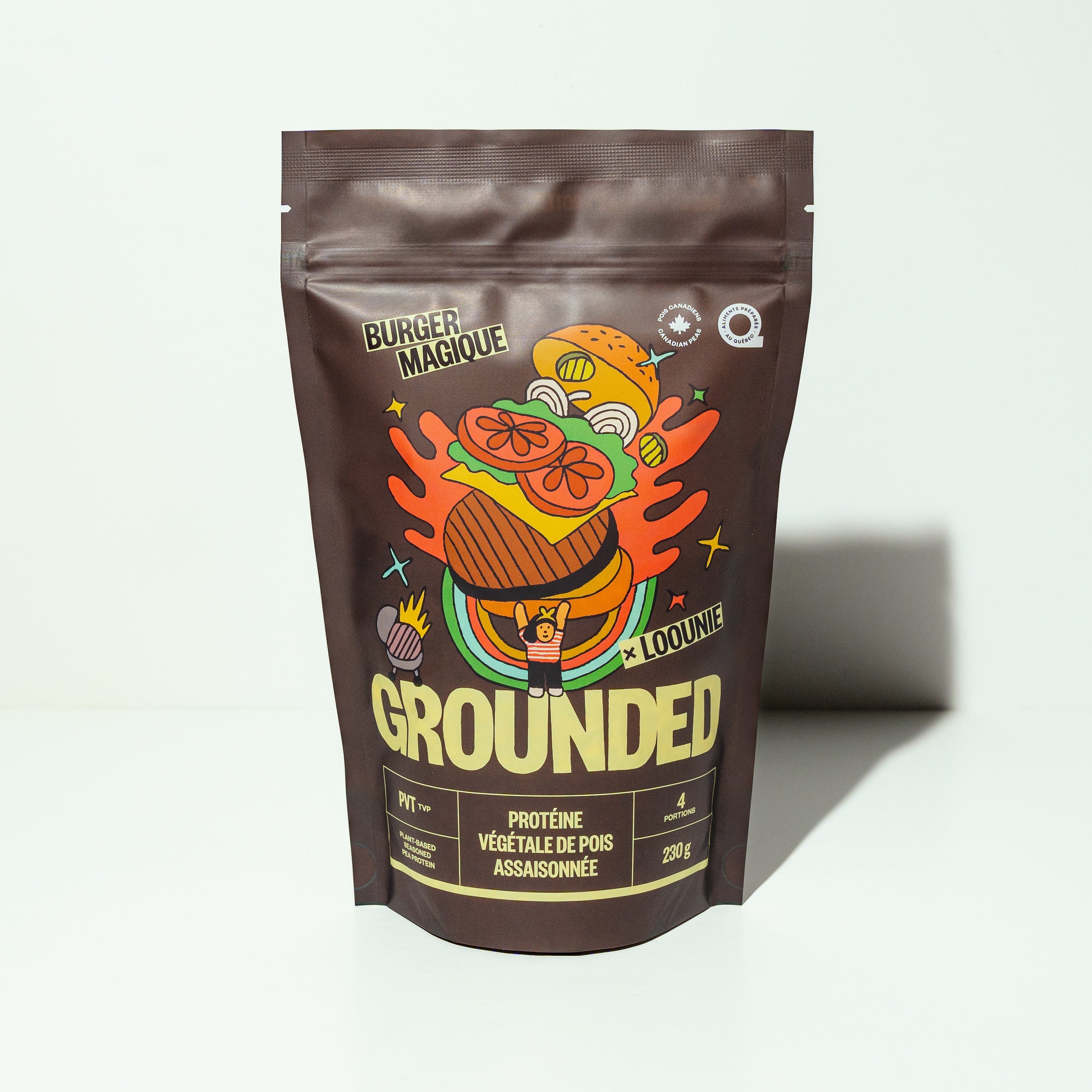 Sac de BURGER MAGIQUE, mélange à burger végé protéiné à base de pois canadiens, par GROUNDED et Loounie.