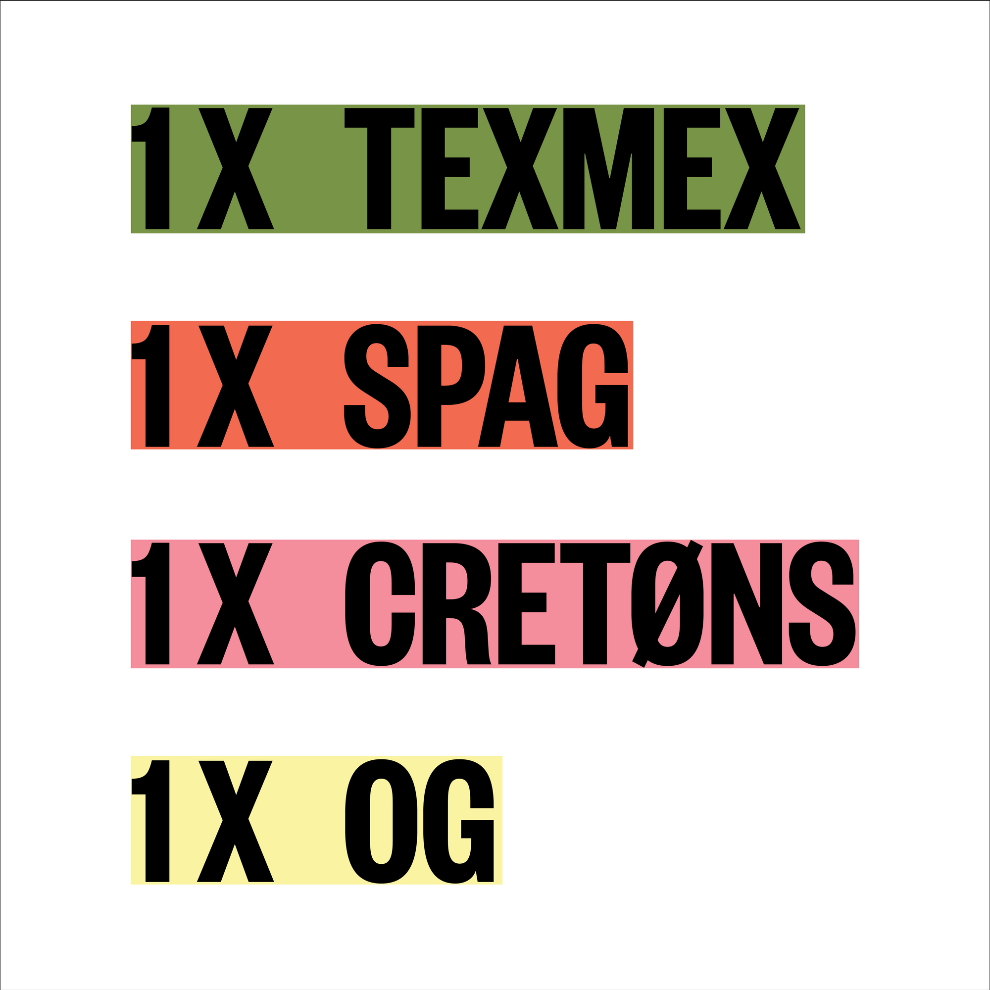 Contenu de la boîte découverte Grounded présenté en texte coloré avec un sachet de chaque saveur. 1 Texmex 1 Spag 1 Cretons et 1 OG représentant les quatre protéines végétales de la marque.