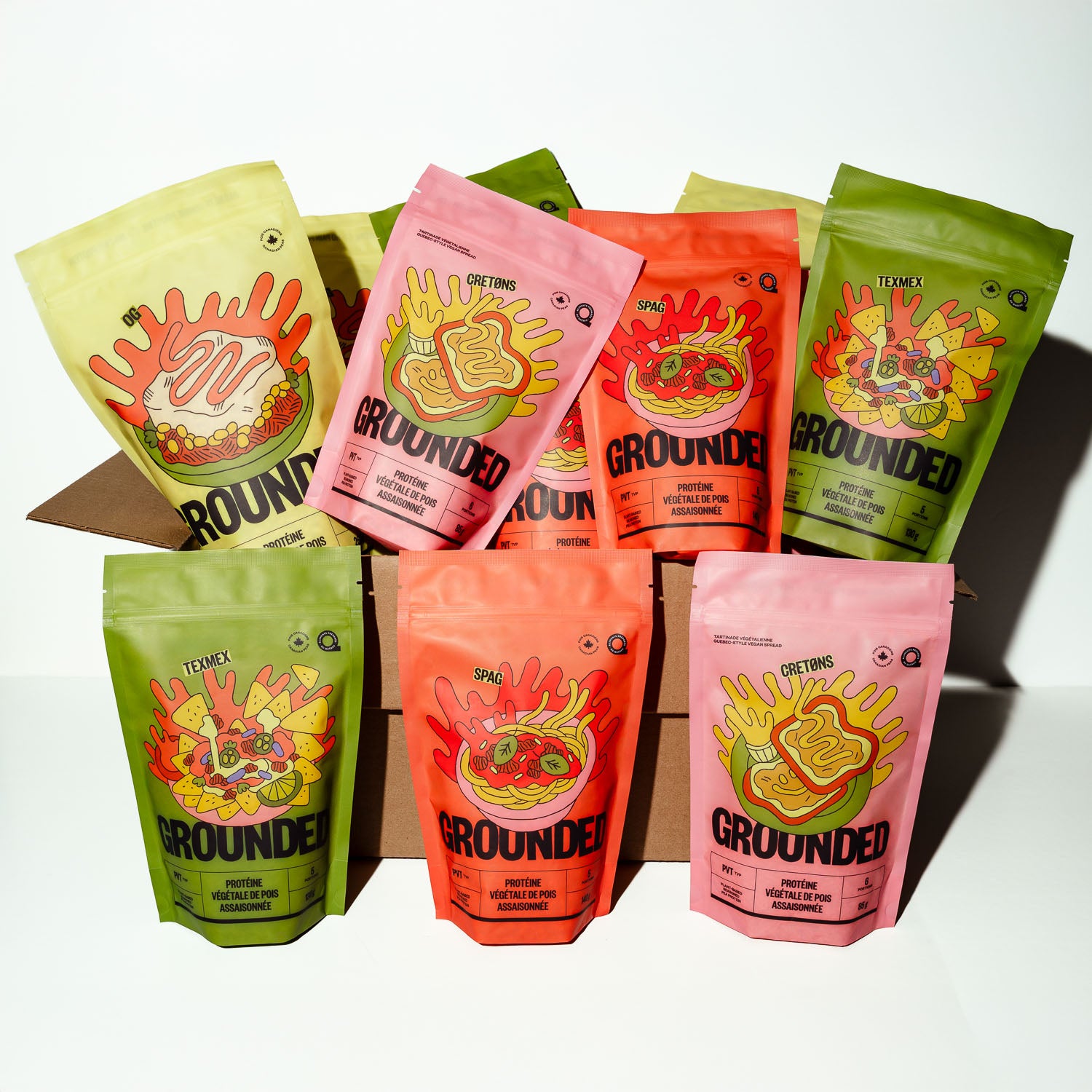 Boîte XL. Collection complète des protéines végétales Grounded à base de pois : SPAG, TEXMEX, CRETØNS, Original et MINI OG.