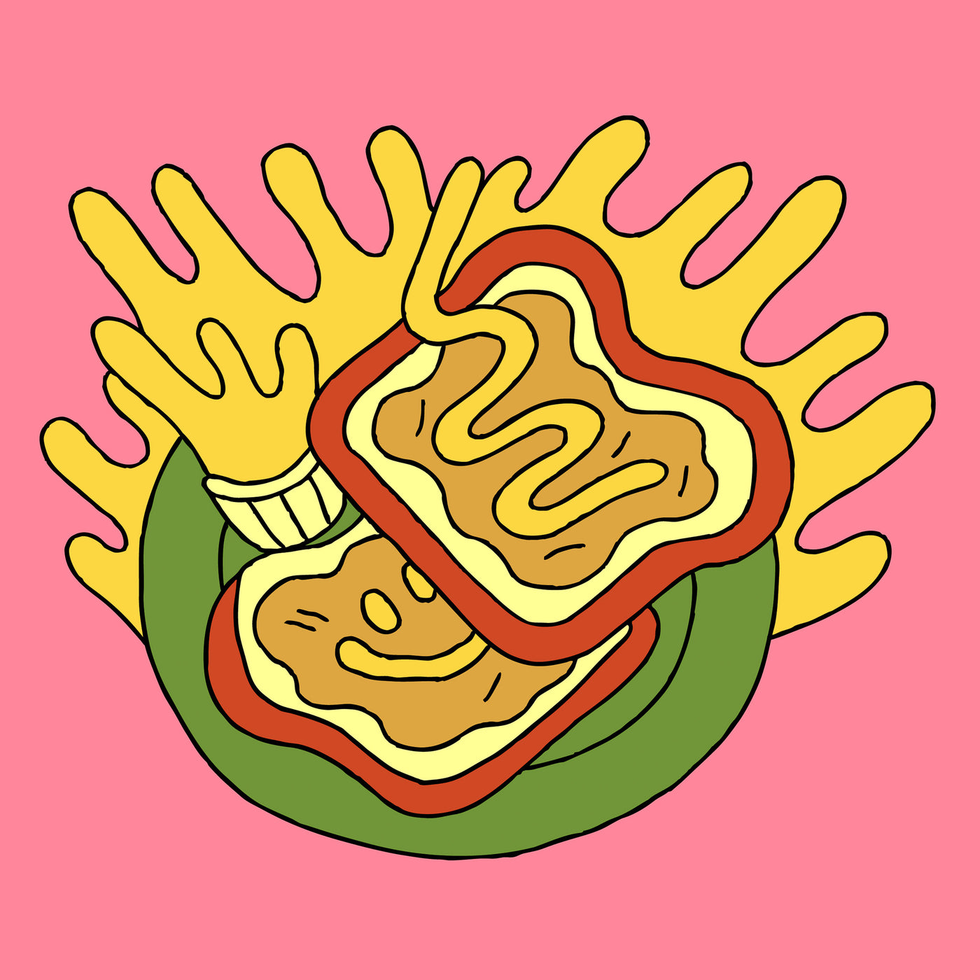 Illustration colorée représentant deux tranches de pain garnies de cretons végétaux Grounded avec une texture onctueuse et dorée. Une tartinade végane à base de protéine végétale de pois servie sur une assiette verte avec moutarde en accompagnement.