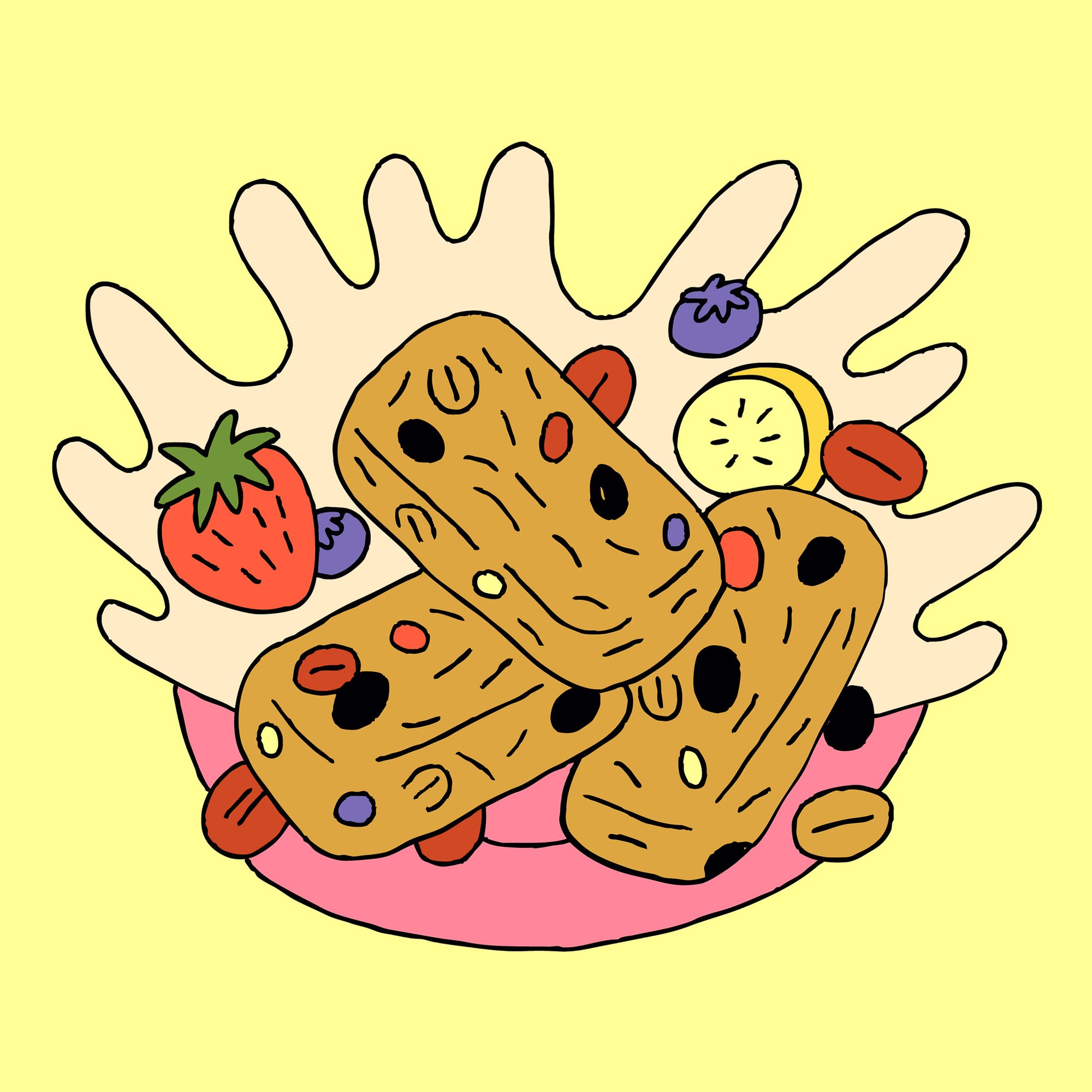 Illustration colorée représentant des barres tendres énergétiques aux fruits, réalisées avec la Mini OG, la protéine végétale texturée nature de Grounded. Idéale pour des collations saines et riches en protéines.