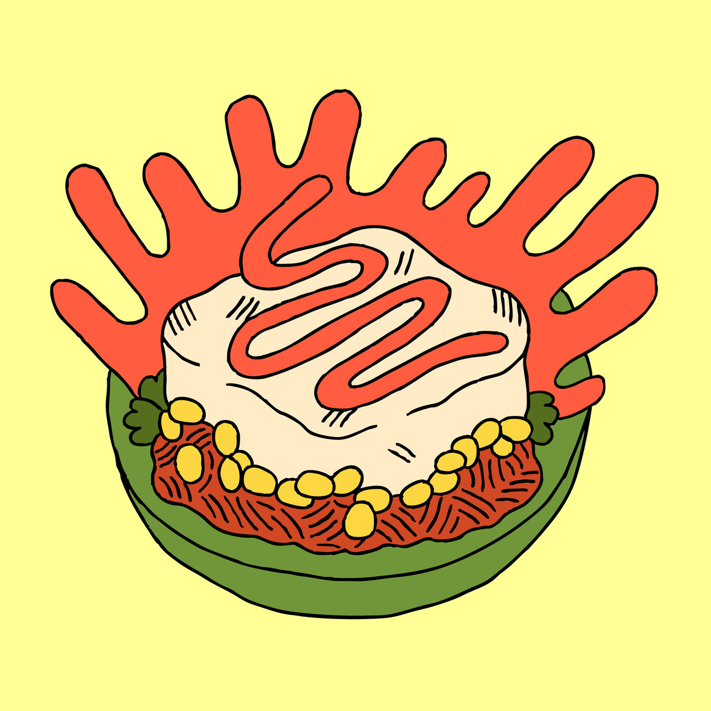 Illustration artistique du produit OG de Grounded, protéine végétale texturée nature à base de pois jaunes canadiens, sur un lit de légumes et de grains, parfaite pour cuisiner des plats végés riches en protéines.
