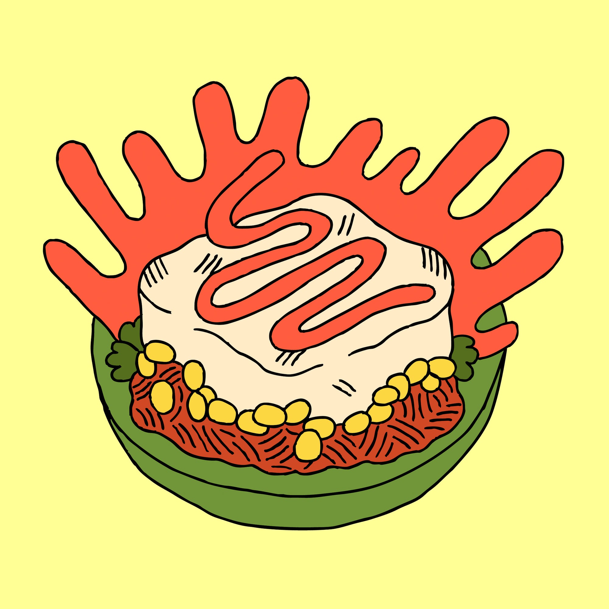 Illustration artistique du produit OG de Grounded, protéine végétale texturée nature à base de pois jaunes canadiens, sur un lit de légumes et de grains, parfaite pour cuisiner des plats végés riches en protéines.