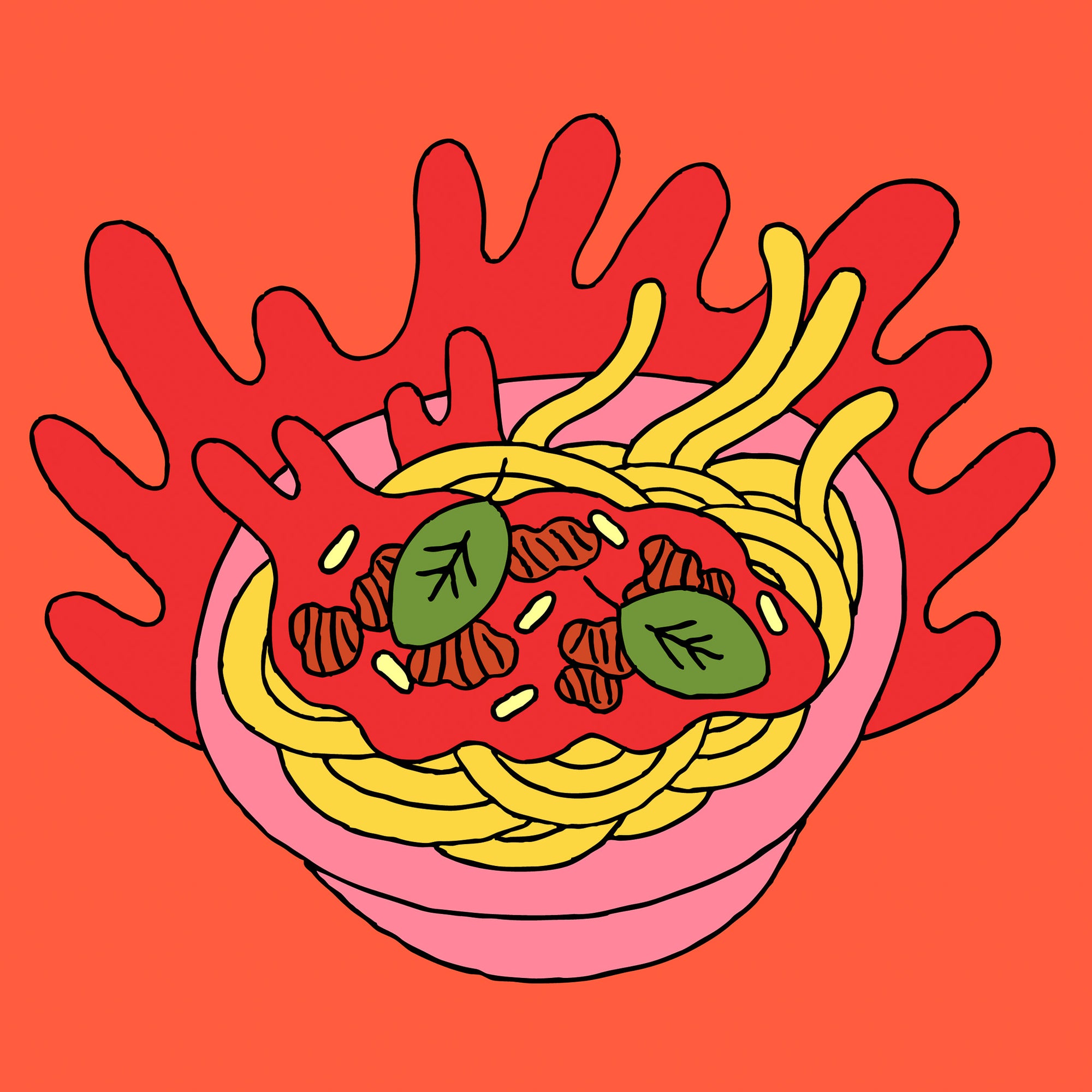 Illustration colorée d’un bol de spaghettis avec sauce tomate végétale, feuilles de basilic et éclaboussures stylisées. Visuel artistique représentant le produit SPAG de Grounded.