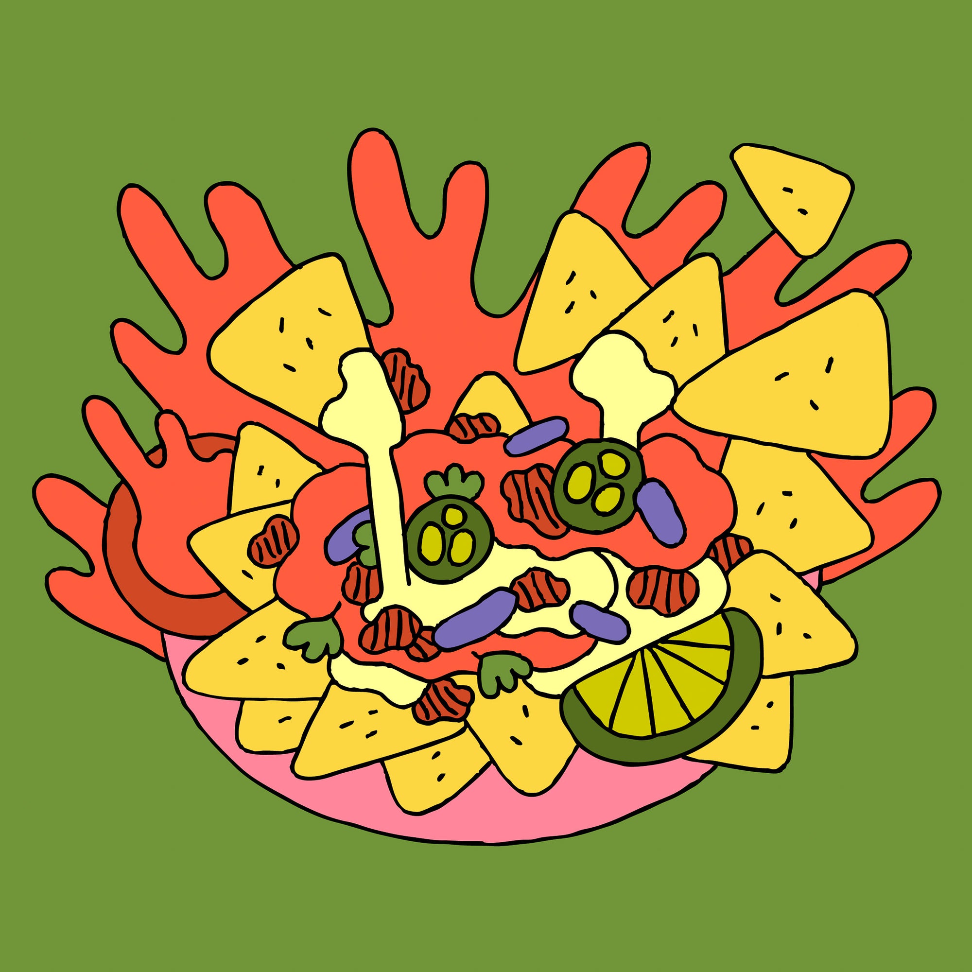 Illustration du mélange Texmex de Grounded avec des chips de maïs du fromage fondu de l’avocat des haricots rouges et la protéine végétale texturée à base de pois. Une explosion de couleurs inspirée des plats tex mex végétaliens.